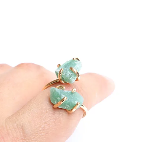 Natürlicher Rohstein Grün Fluorit Weiß Kristall Achat Verstellbar Offener Ring Vergoldet Minimalistischer Bohemian Damen Schmuck