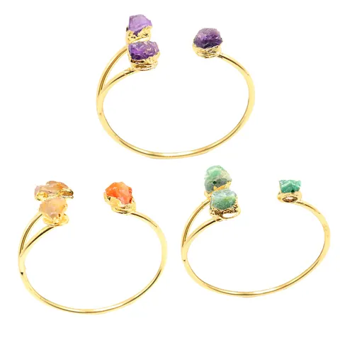 Brazalete Abierto Bohemio de Amatista Natural Ágata Cristal en Bruto para Mujer Chapado en Oro Piedra Irregular Ajustable