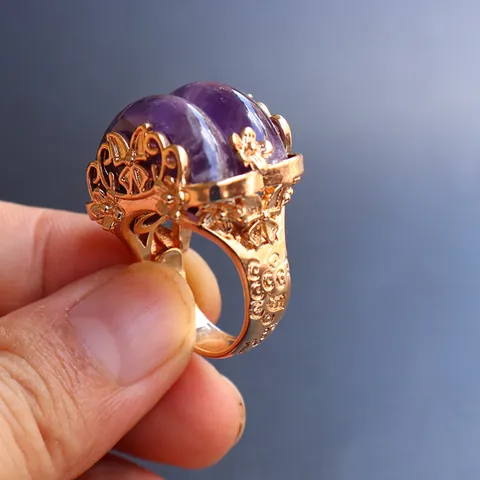 Vintage Gold Plated Copper Open Ring For Women Natural Crystal Amethyst Rose Quartz Adjustable Filigree Flower Ring Jewelry