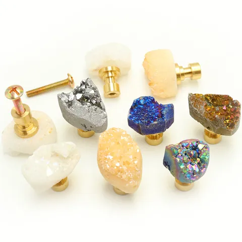 Natural Druzy Geode Agate Cabinet Knobs With Brass Base Decorative Furniture Drawer Pulls Wardrobe Door Handles Hardware