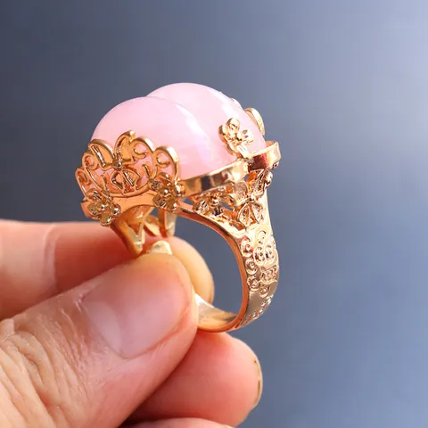 Vintage Gold Plated Copper Open Ring For Women Natural Crystal Amethyst Rose Quartz Adjustable Filigree Flower Ring Jewelry