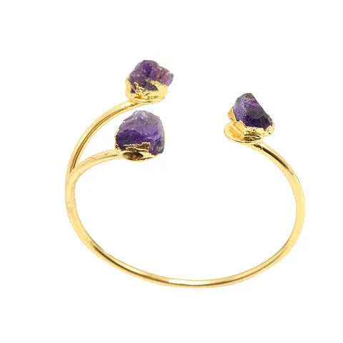 Brazalete Abierto Bohemio de Amatista Natural Ágata Cristal en Bruto para Mujer Chapado en Oro Piedra Irregular Ajustable