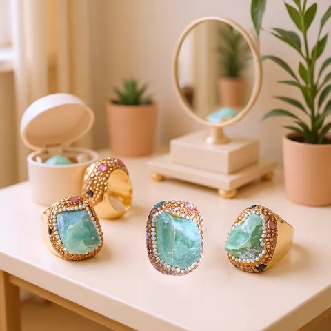 Bohemian Natürlicher Grüner Fluorit Unregelmäßiger Roher Stein Offener Ring Für Damen Kupfer Vergoldet Verstellbarer Zirkonia Fingerring