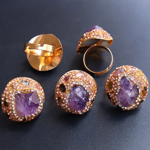 Bohemian Natural Amethyst Fluorite Red Agate Copper Ring Vintage Rhinestone Inlaid Handmade Adjustable Statement Ring Women