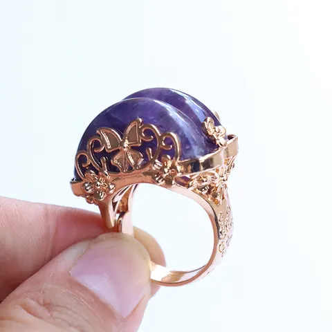 Natural Amethyst Rose Quartz Tiger Eye Stone Floral Butterfly Hollow Copper Adjustable Ring For Women Vintage Bohemian Jewelry