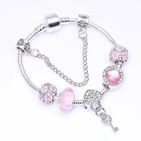 Rosa Herz Schlüssel Charm Armband Versilberte Legierung Zirkonia Glasperlen Schlangenkette Schmuck Für Frauen Romantisches Geschenk