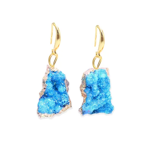 Bohemian Irregular Natural Druzy Quartz Geode Dangle Earrings For Women Vintage Gold Plated Copper Raw Stone Cluster Drop Earrings Jewelry