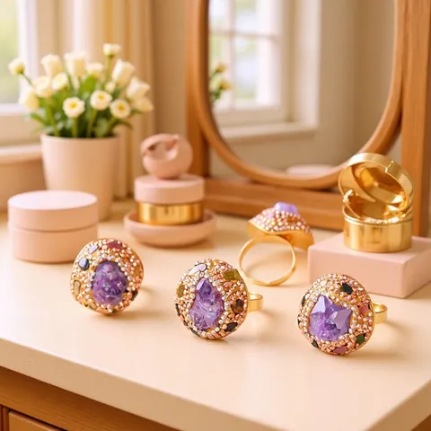 Bohemian Natural Amethyst Fluorite Red Agate Copper Ring Vintage Rhinestone Inlaid Handmade Adjustable Statement Ring Women