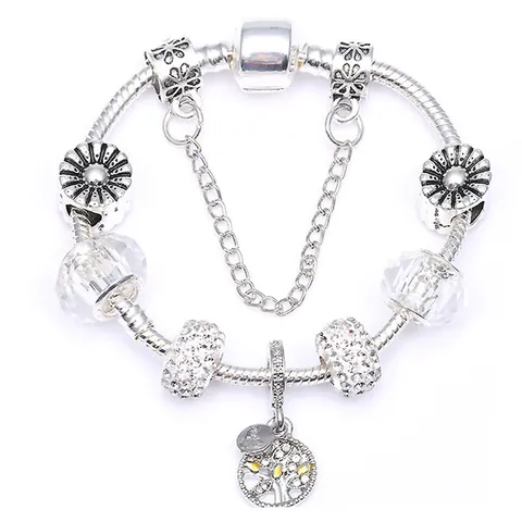 Family Tree Of Life Charm Bracelet Silver Plated Snake Chain With Rhinestones Hollow Floral Beads Safety Chain For Women DIY Jewelry Gift