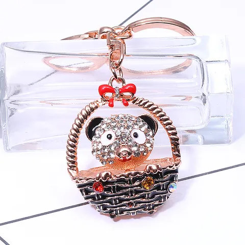 Llavero de Aleación de Zinc Oro Rosa con Oso en una Cesta Colgante de Bolso Lindo Animal Anilla de Metal Regalo Mujer