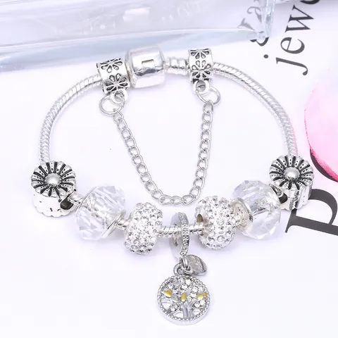 Family Tree Of Life Charm Bracelet Silver Plated Snake Chain With Rhinestones Hollow Floral Beads Safety Chain For Women DIY Jewelry Gift
