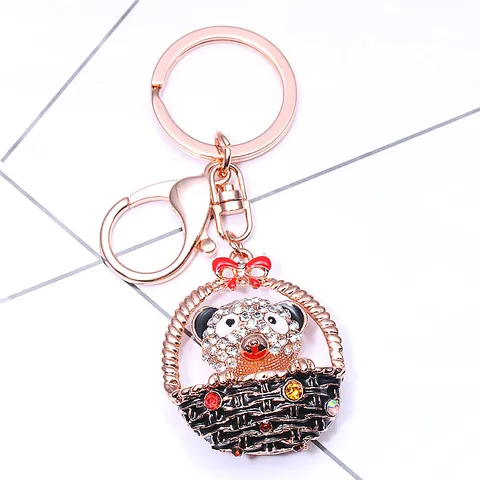 Llavero de Aleación de Zinc Oro Rosa con Oso en una Cesta Colgante de Bolso Lindo Animal Anilla de Metal Regalo Mujer