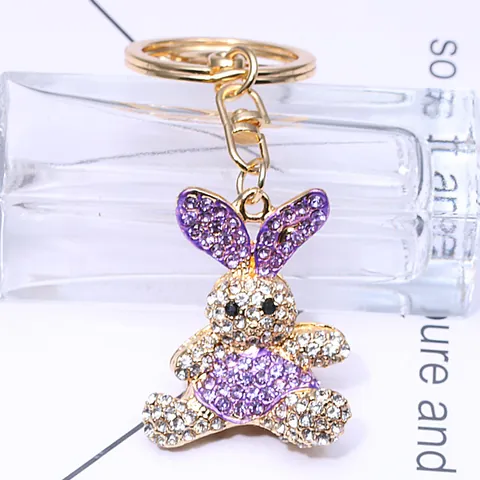 Creative Purple Rhinestone Rabbit Keychain Golden Alloy Animal Bag Pendant Accessory Gift For Women Girls Jewelry Charm