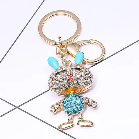 Portachiavi Creativo a Forma di Coniglio con Strass in Lega di Animale Ciondolo per Borsa Oro Blu Smalto Anello per Donne Ragazze Regalo