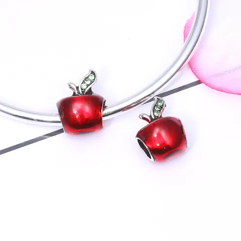 925 Sterling Silver Red Apple Charm Bead With Enamel Green Zirconia Leaf For DIY Bracelet Necklace Jewelry Making Women Gift