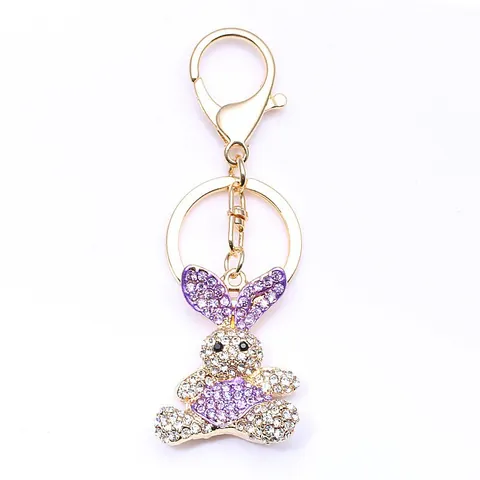 Creative Purple Rhinestone Rabbit Keychain Golden Alloy Animal Bag Pendant Accessory Gift For Women Girls Jewelry Charm