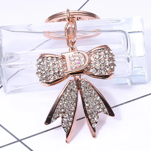 Lussuoso Portachiavi a Fiocco in Lega di Zinco Oro Rosa Con Strass Intarsiato Lettera D Ciondolo per Borsa Donna Gioielli