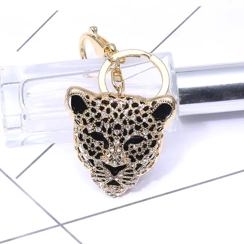 Lussuoso Portachiavi a Testa di Leopardo in Lega Placcata Oro Con Ciondolo Animale in Strass e Smalto Per Donna Uomo Gioielli