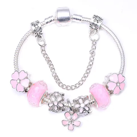 Bracciale con Ciondolo a Fiore di Ciliegio DIY Lega Placcata Argento Catena a Serpente con Catena di Sicurezza Regalo Gioielli Romantici Donna