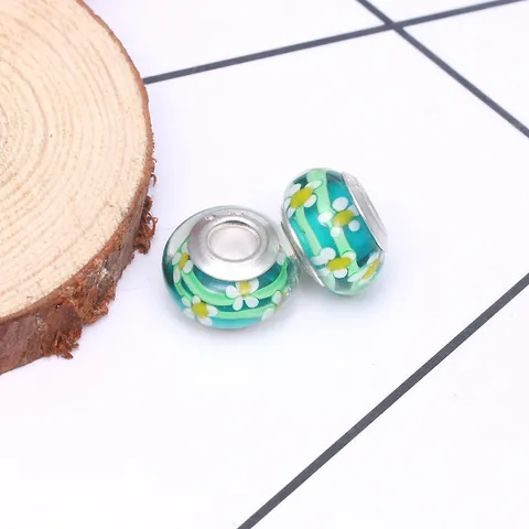 Grüne Glasur Glas Gänseblümchen Blume Großlochperlen Mit 925 Sterlingsilber Kern Für DIY Armband Schmuckherstellung Damen