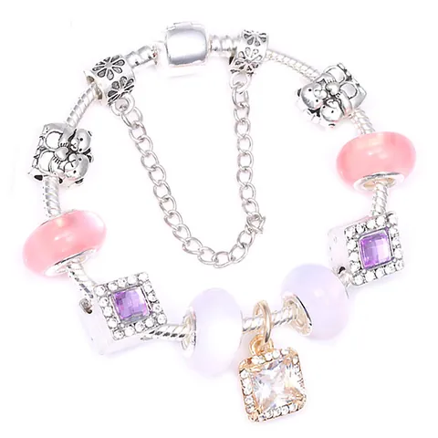 DIY Charm Bracelet Alloy Silver Plated Pink Purple Glass Beads Heart Bear Charms For Women Snake Chain Adjustable Jewelry Gift