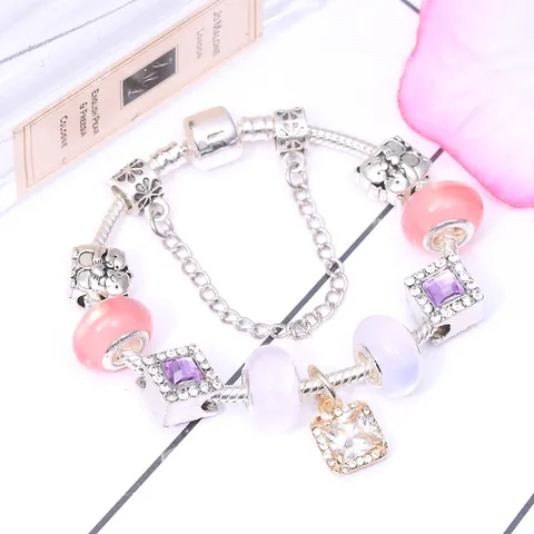 DIY Charm Bracelet Alloy Silver Plated Pink Purple Glass Beads Heart Bear Charms For Women Snake Chain Adjustable Jewelry Gift