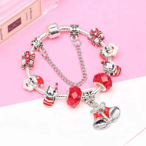 Bracelet à Breloques de Noël Pendentifs Père Noël Et Cloche Alliage Plaqué Argent Chaîne Serpent Cristal Rouge Bijoux Femme