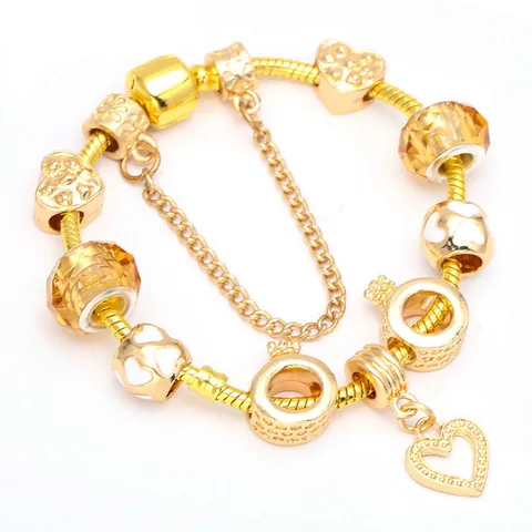 Fashion Gold Charm Bracelet For Women Alloy Snake Chain With Heart Pendant White Enamel Beads Crystal Charms Romantic Jewelry Gift