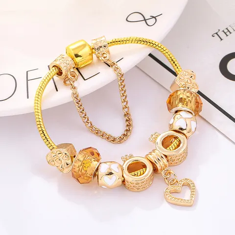 Fashion Gold Charm Bracelet For Women Alloy Snake Chain With Heart Pendant White Enamel Beads Crystal Charms Romantic Jewelry Gift