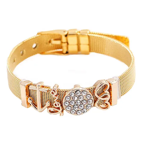 Stainless Steel Mesh Watch Band Bracelet For Women With Heart Anchor Love Slider Charms Adjustable Rhinestone Fashion Jewelry Gift