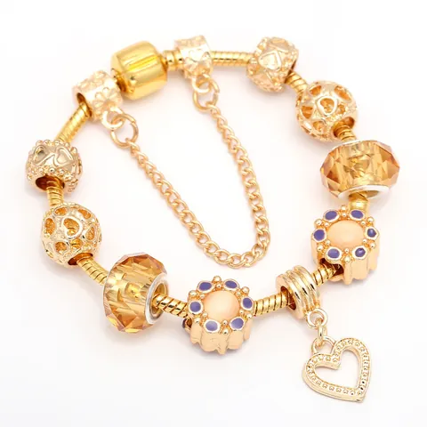 Gold Plated Snake Chain Charm Bracelet Hollow Heart Pendant Amber Glass Beads Elegant DIY Beaded Jewelry Gift Women