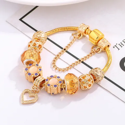 Gold Plated Snake Chain Charm Bracelet Hollow Heart Pendant Amber Glass Beads Elegant DIY Beaded Jewelry Gift Women