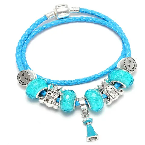 Blue Braided Leather Charm Bracelet Alloy Glass Beads Princess Crown Smiling Face Pendant Bracelet For Women Teen Gift