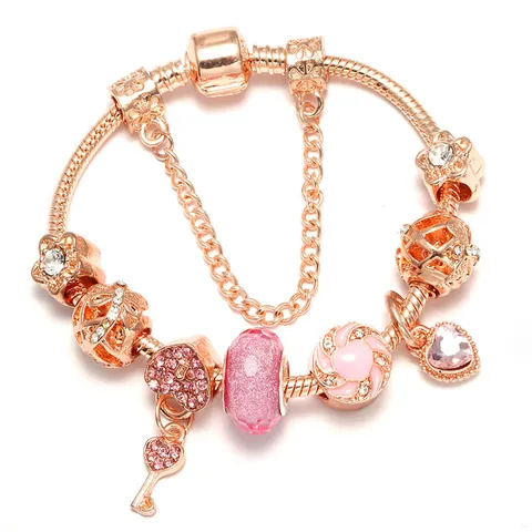 Pulsera De Aleación Chapada En Oro Rosa Con Cuentas De Cristal Rosa Y Colgantes De Corazón Y Llave Joyería Romántica Mujer