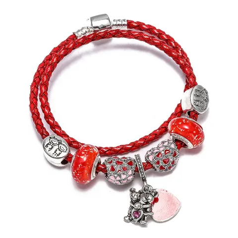 Red Double Row Braided Synthetic Leather Bracelet Heart Bear Charm Glass Beads Fashion Jewelry Gift For Women