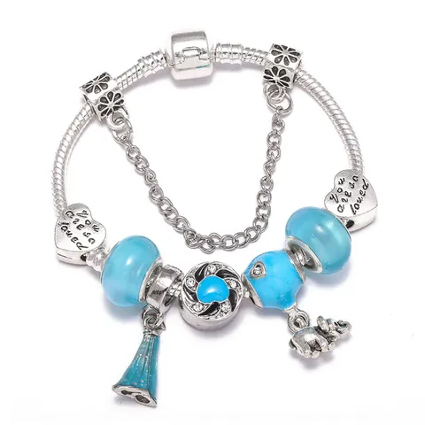 Pulsera de Amuletos DIY para Mujer Aleación Plata Cadena de Serpiente Con Cuentas de Vidrio Azules Colgante de Elefante Corazón Joyería de Moda Regalo