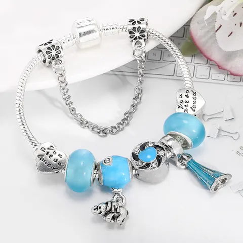 Pulsera de Amuletos DIY para Mujer Aleación Plata Cadena de Serpiente Con Cuentas de Vidrio Azules Colgante de Elefante Corazón Joyería de Moda Regalo