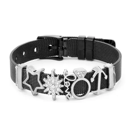 Bracciale in Maglia di Acciaio Inossidabile Nero Con Ciondoli Fai Da Te in Lega Stella Cuore Aereo Strass per Donna