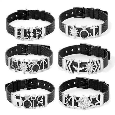 Bracciale in Maglia di Acciaio Inossidabile Nero Con Ciondoli Fai Da Te in Lega Stella Cuore Aereo Strass per Donna