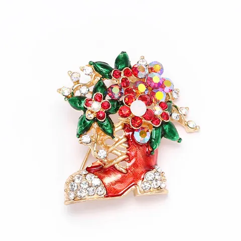Festive Christmas Boot Flower Brooch Alloy Rhinestone Enamel Pin For Women Holiday Party Clothing Scarf Decoration Jewelry Gift