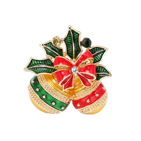 Christmas Enamel Bell Holly Leaf Brooch Red Bowknot Rhinestone Alloy Pin Badge For Women Festival Holiday Party Jewelry Gift