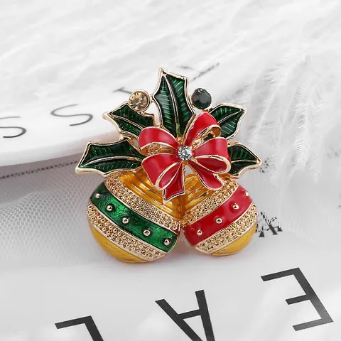 Christmas Enamel Bell Holly Leaf Brooch Red Bowknot Rhinestone Alloy Pin Badge For Women Festival Holiday Party Jewelry Gift