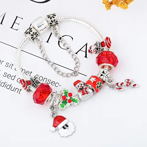 DIY Weihnachten Charm Armband Legierung Emaille Weihnachtsmann Schneemann Zuckerstange Perlen Schlangenkette Armband Für Damen Festlicher Schmuck Geschenk