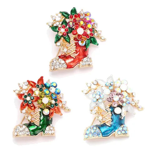 Festive Christmas Boot Flower Brooch Alloy Rhinestone Enamel Pin For Women Holiday Party Clothing Scarf Decoration Jewelry Gift
