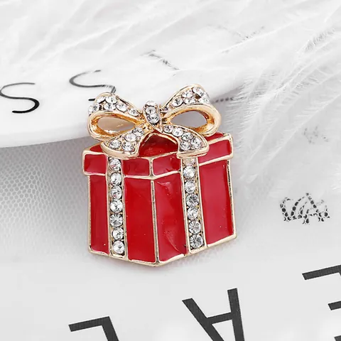 Christmas Gift Box Brooch Alloy Red Enamel Bow Rhinestone Pin Festive Jewelry For Women Wedding Party New Year Accessory