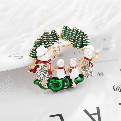 Christmas Snowman Family Brooch Pin Colorful Enamel Rhinestone Wreath Gold Plated Alloy Breastpin For Women Holiday Gift