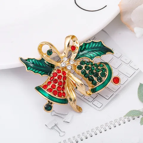 Exquisite Christmas Bell Bow Brooch Alloy Rhinestone Enamel Holly Leaf Pin Festive Party Jewelry Gift For Women