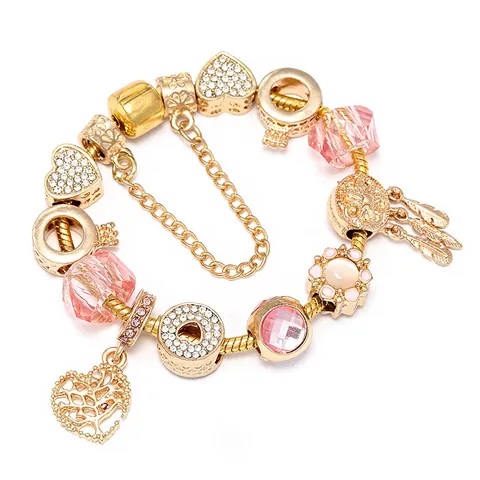 Vergoldetes Legierung Charm Armband Für Damen Mit Rosa Kristallperlen Herz Lebensbaum Feder Anhänger DIY Schmuck
