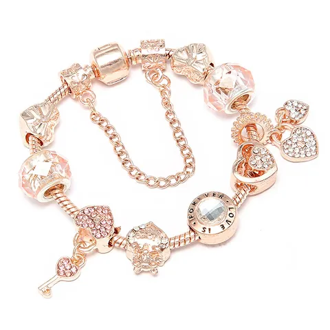 Pulsera Charm Corazón Llave Aleación Oro Rosa Zirconia Strass Con Cadena Serpiente Cuentas Vidrio Rosa Joyería Moda Regalo Mujer