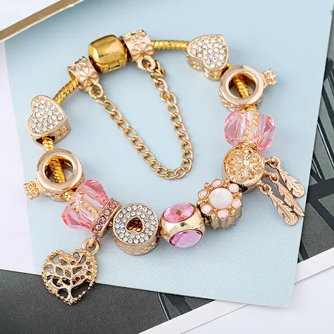 Vergoldetes Legierung Charm Armband Für Damen Mit Rosa Kristallperlen Herz Lebensbaum Feder Anhänger DIY Schmuck